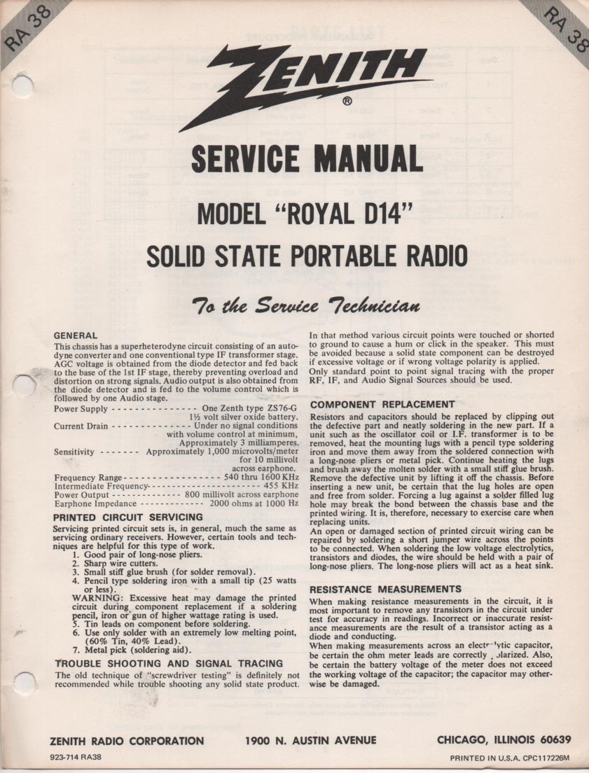 D14 Royal D14 Portable Radio Service Manual RA38  Zenith