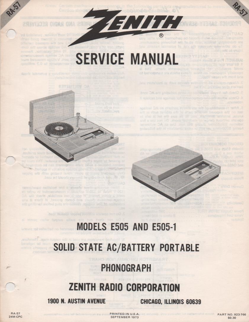 E505 E505-1 Portable Phonograph Service Manual RA57  Zenith