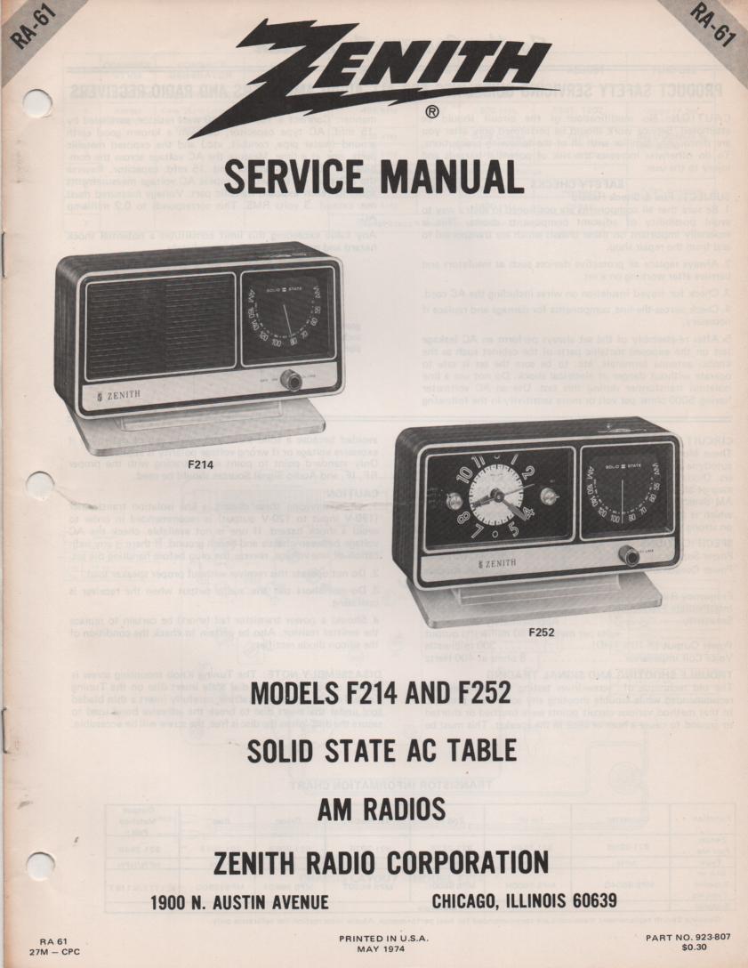 F214 F252 Clock Radio Service Manual RA61