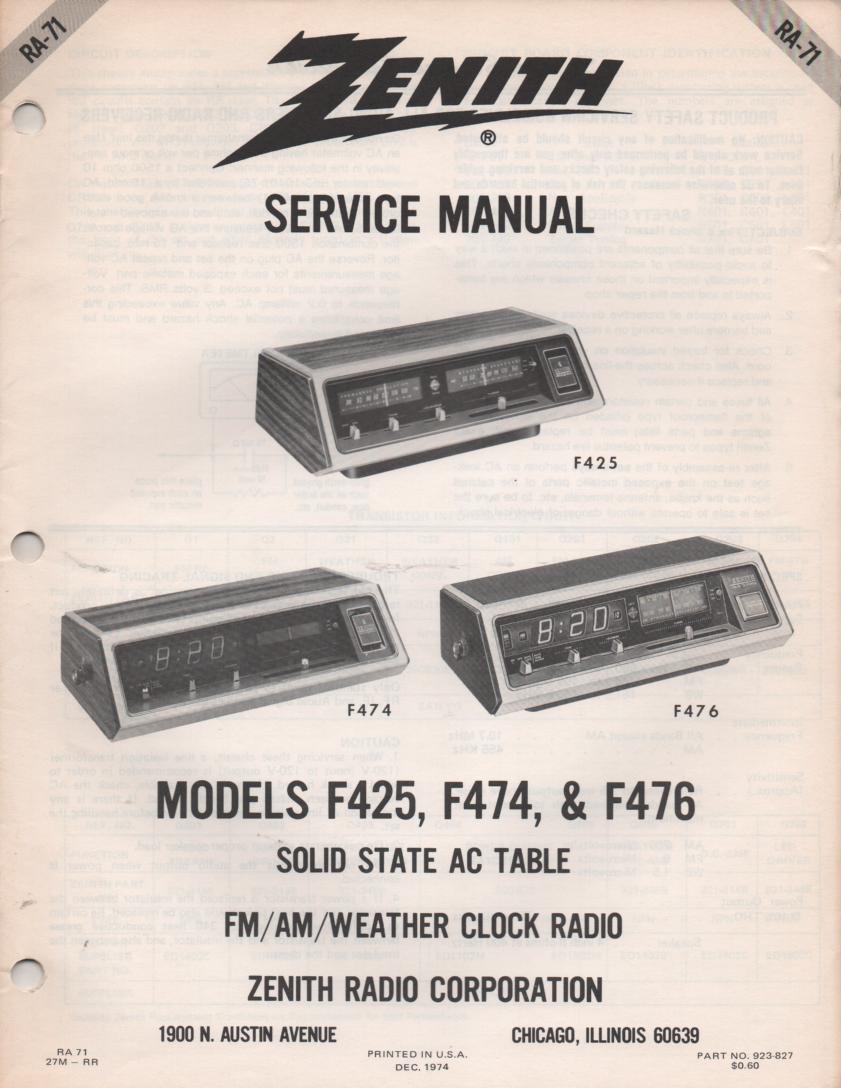 F425 F474 F476 Clock Radio Service Manual RA71