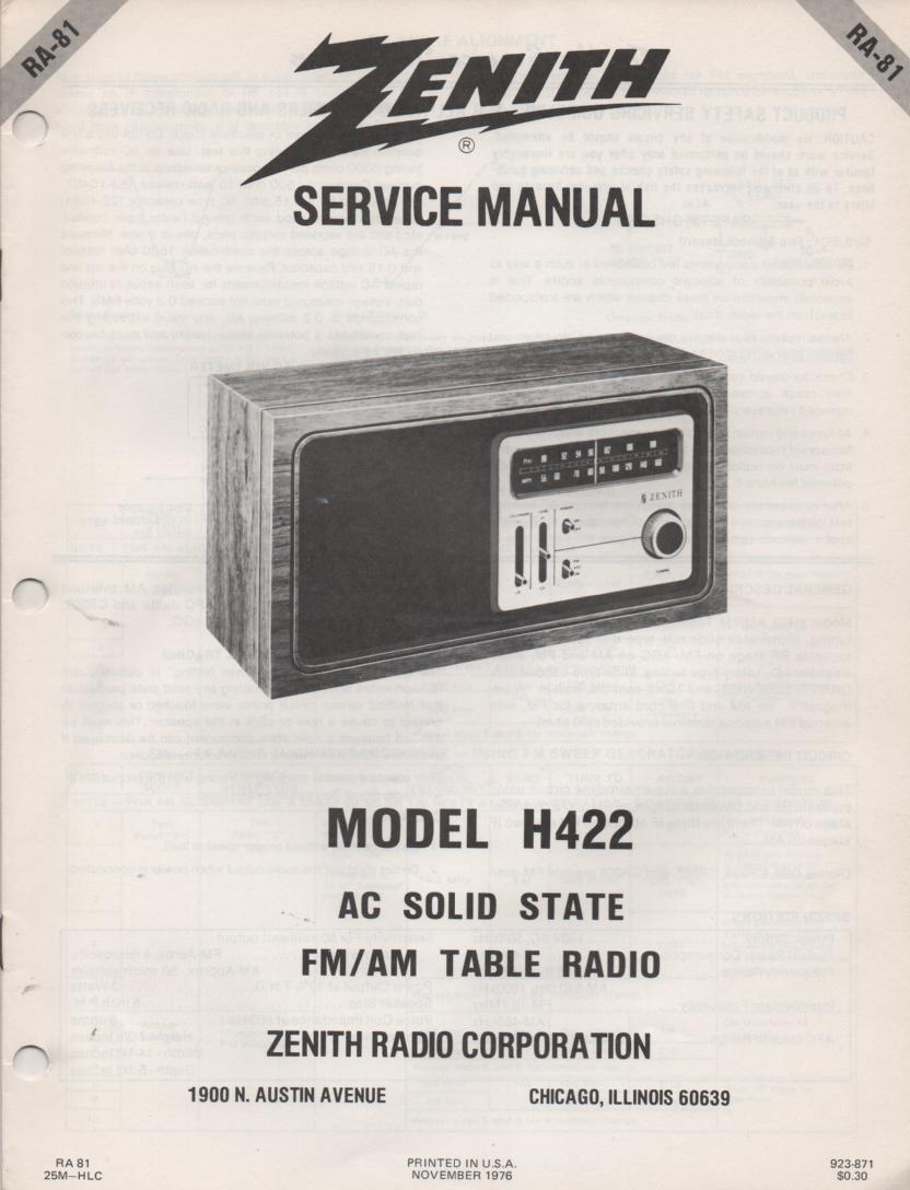 H422 AM FM Table Radio Service Manual RA81