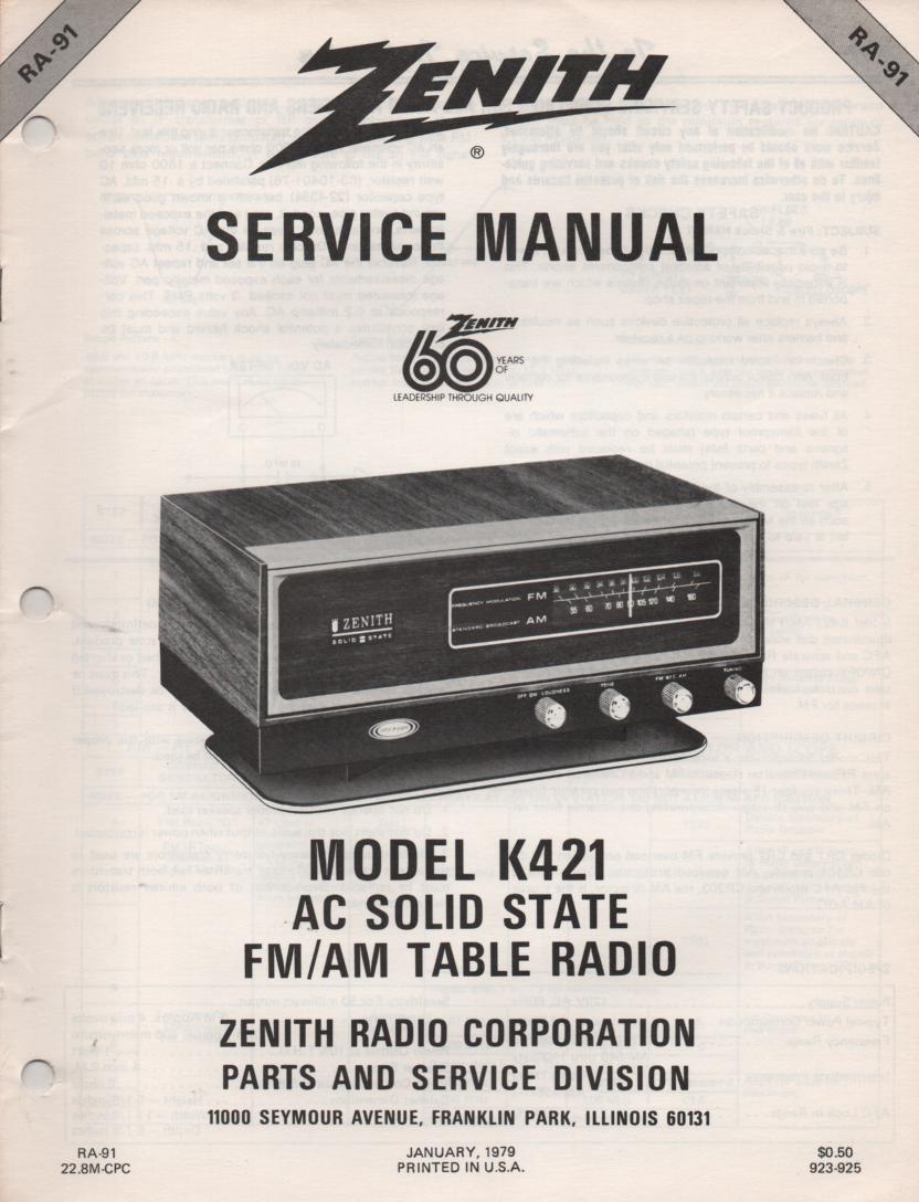 K421 AM FM Table Radio Service Manual RA91