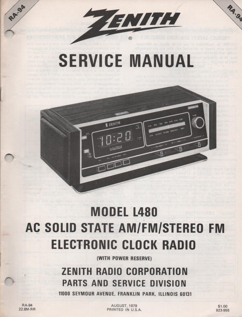 L480 AM FM Table Clock Radio Service Manual RA94