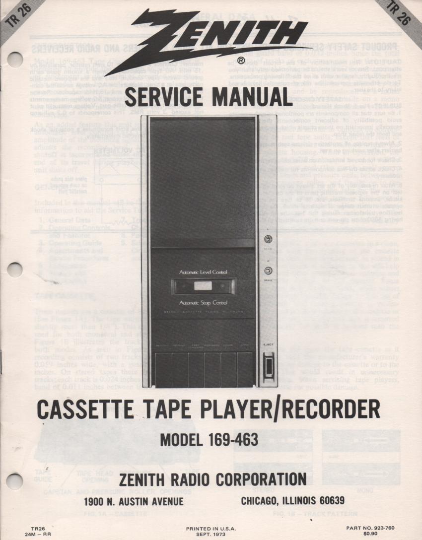 169-463 Cassette Tape Player Recorder Service Manual TR26