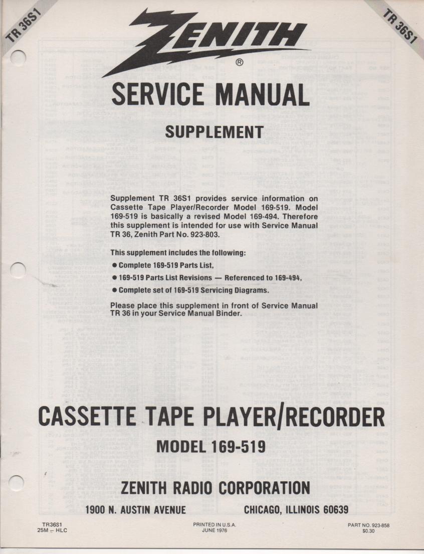 169-519 Cassette Tape Player Recorder Service Manual TR36S1;;
Also need 169-494 Service Manual TR36 to have complete manual...