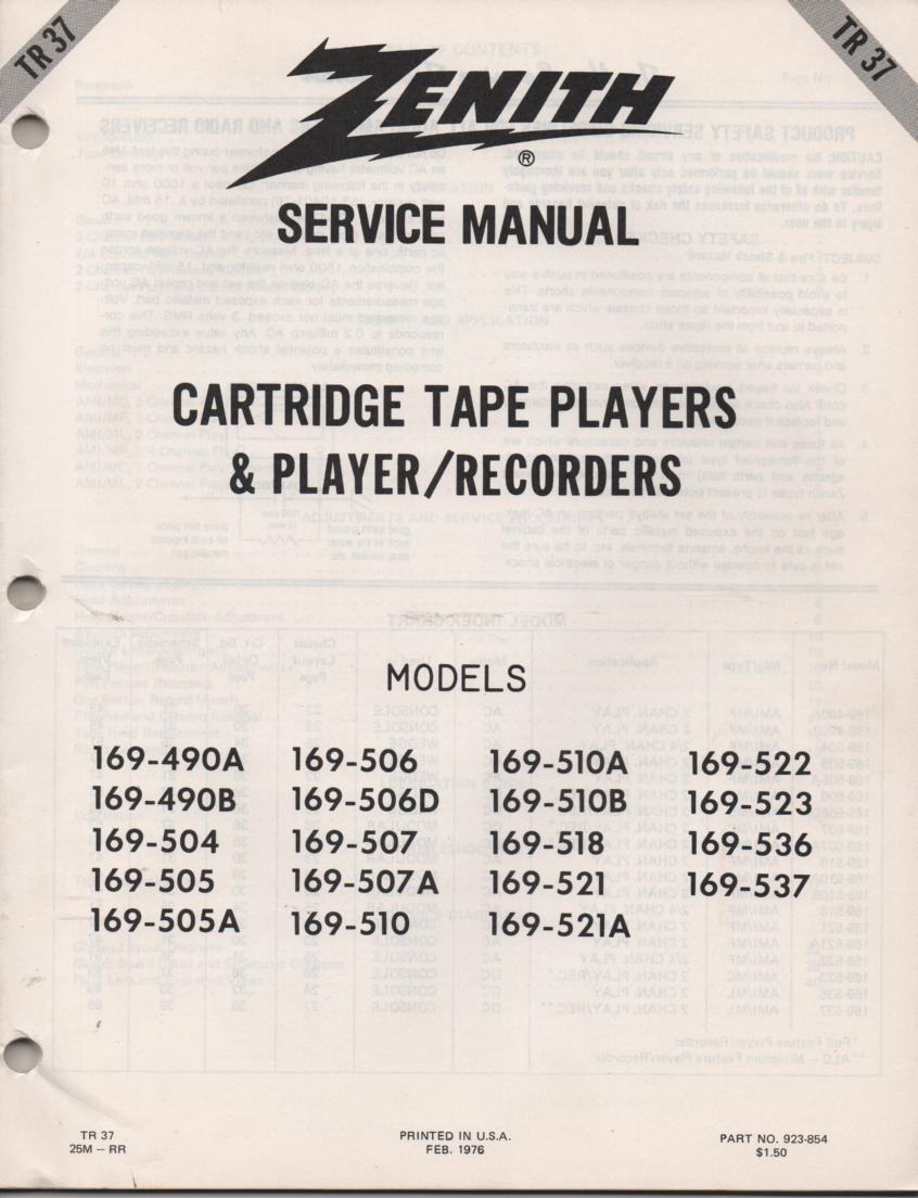 169-490A 169-490B 169-504 169-505 169-505A 8-Track Player Recorder Service Manual TR37