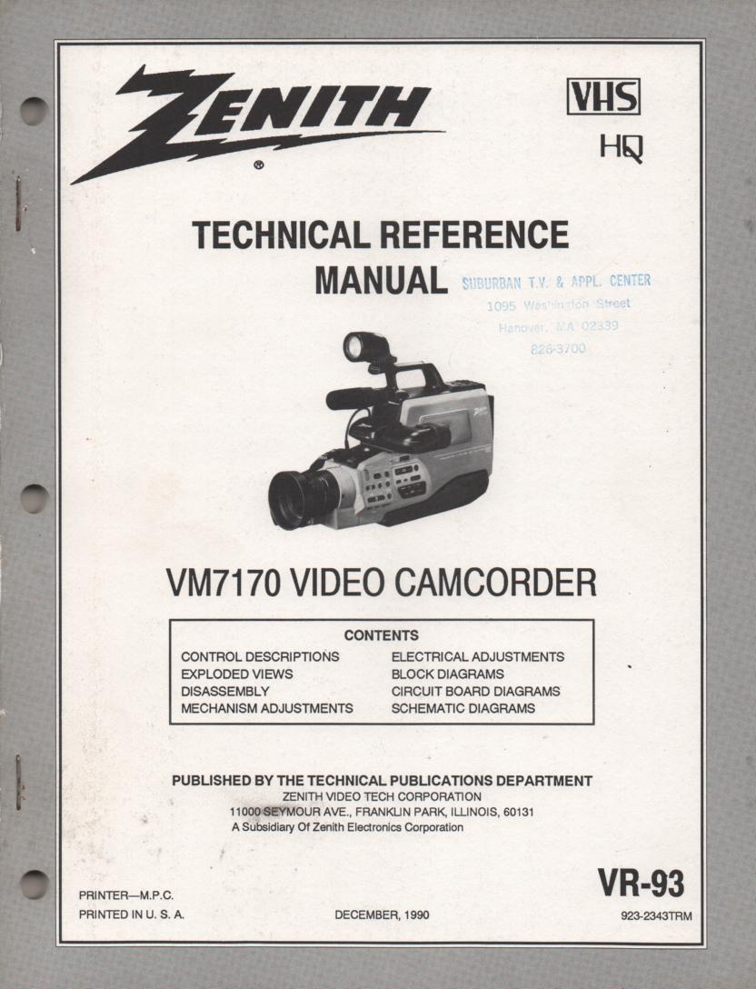 Zenith VM7170 Camcorder Technical Reference Service Manual... VR-93