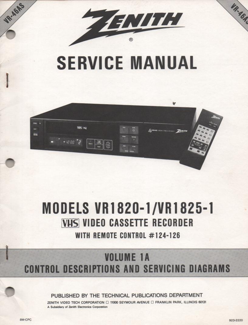 VR1820-1 VR1825-1 VCR Control Descriptions Service Diagram Manual VR46AS  