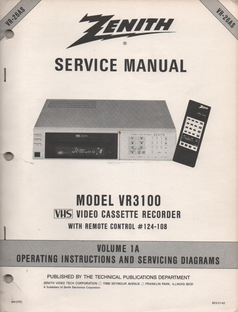 VR3100 VCR Operating Instruction Manual..VR26AS.. Front section of service manual in the owners manual..