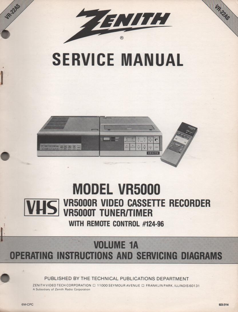 VR5000 VCR Operating Instruction Manual VR22AS.. Front section of service manual is the owners manual..