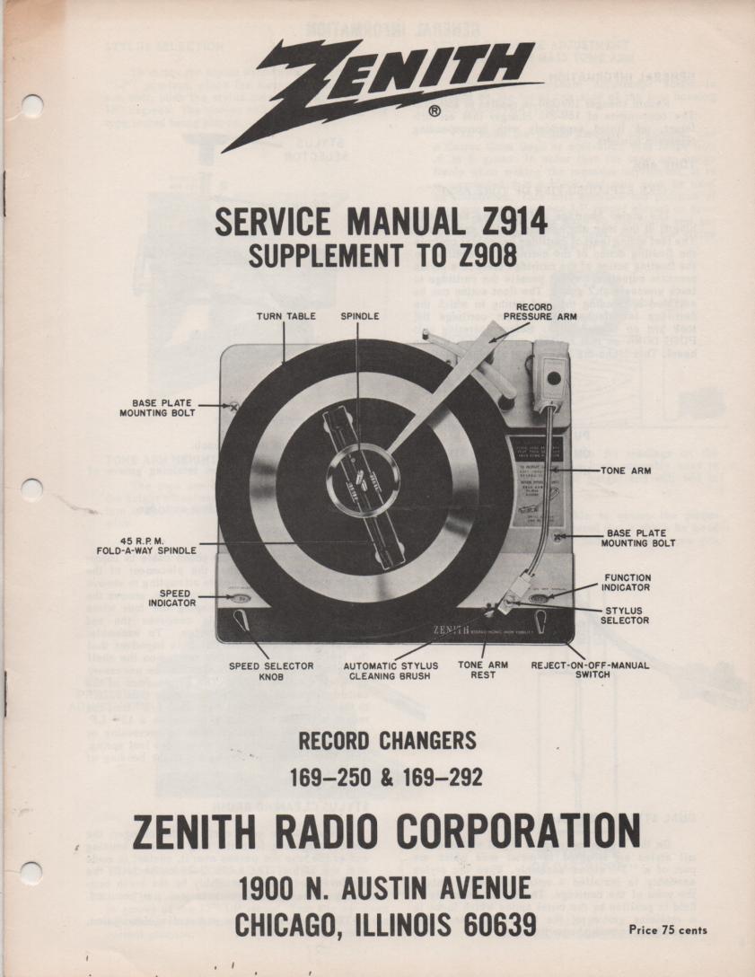 169-250  169-292 Record Changer Service Manual Z914  Zenith