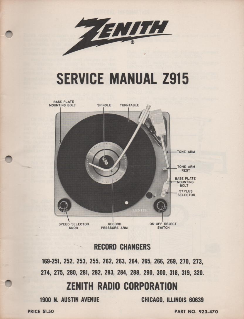 169-251 169-252 169-253 169-254 Record Changer Service Manual Z915  Zenith