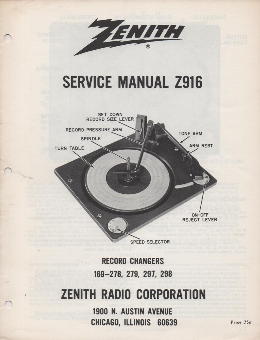 169-278 169-279 169-297 169-298 Record Changer Service Manual Z916  Zenith