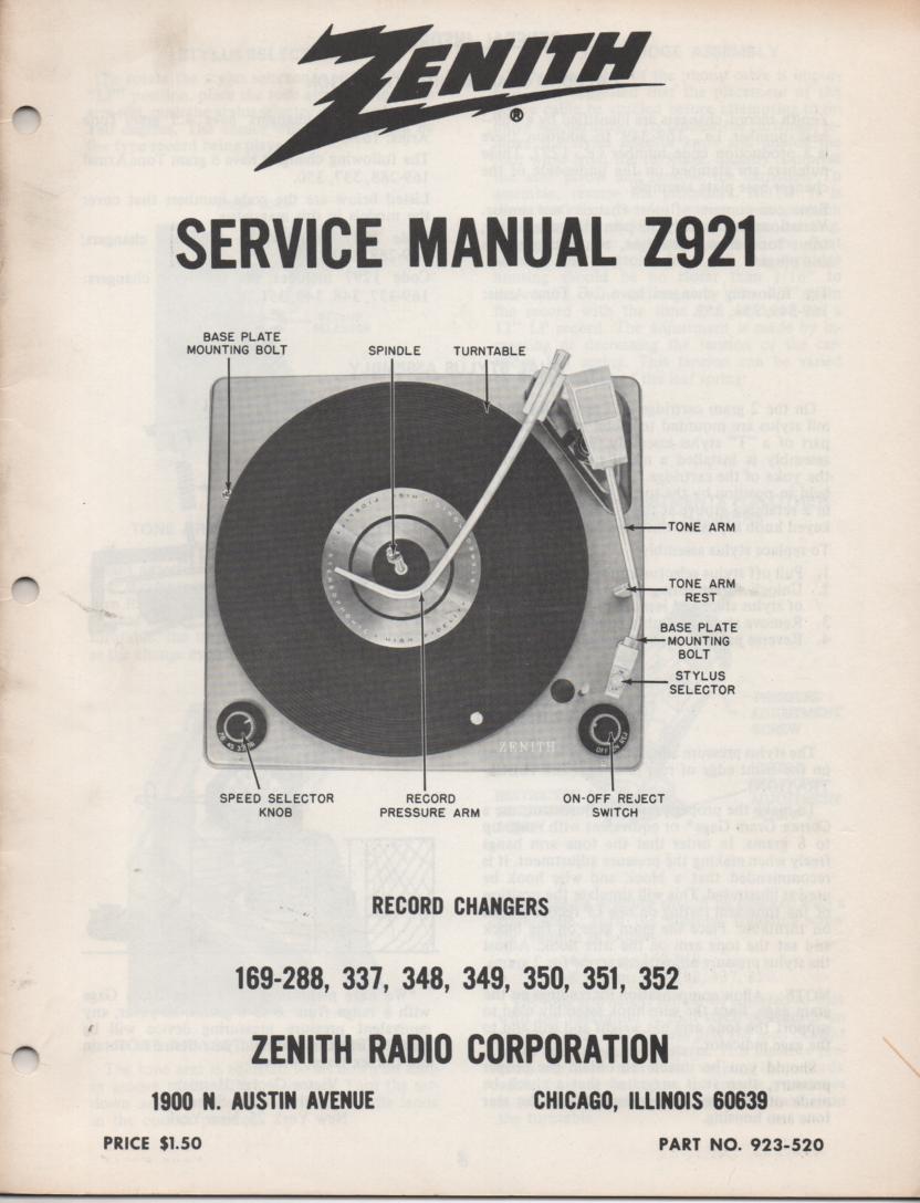 169-288 169-337 169-348 169-349 Record Changer Service Manual Z921  Zenith