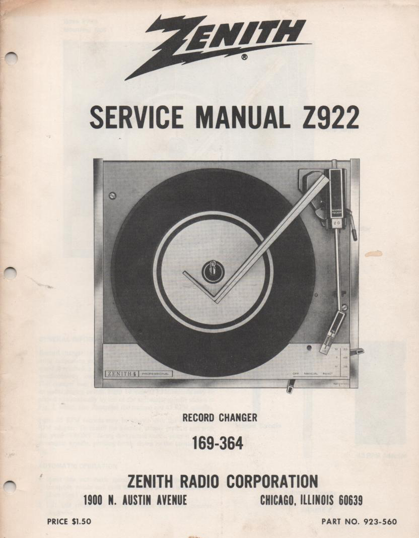 169-364 Record Changer Service Manual Z922  Zenith