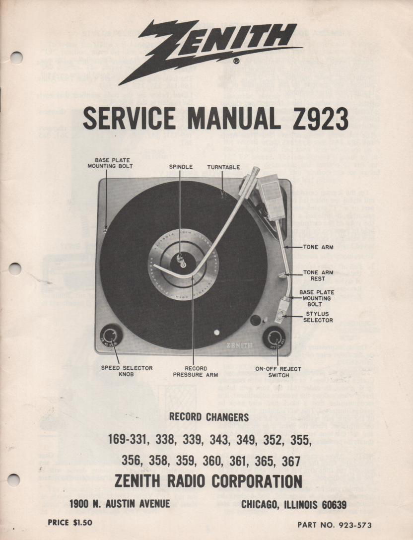 169-331 169-338 169-339 169-343 Record Changer Service Manual Z923  Zenith