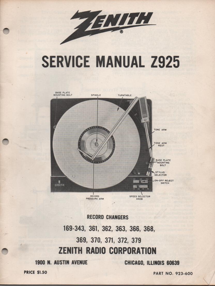 169-370 169-371 169-372 169-379 Record Changer Service Manual Z925  Zenith